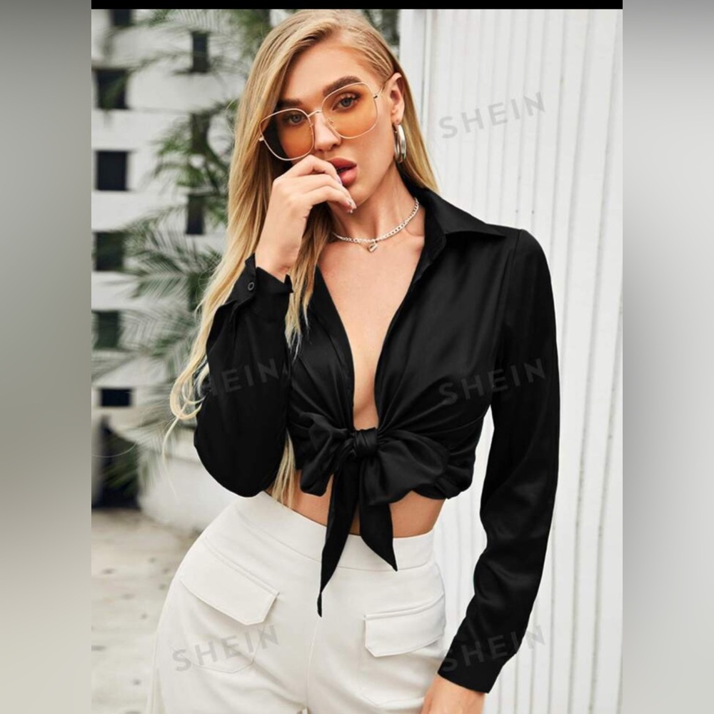 SHEIN Tie Front Satin Top Black Size‎ XS/S